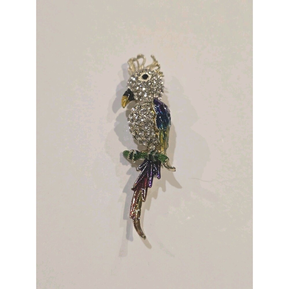 Rhinestone Cockatoo Parrot Bird Brooch Pin Crystal Rainbow Enamel Tropical Bird